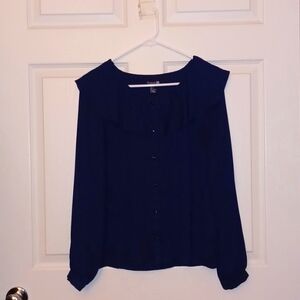 Ruffle Neck Button Up Long Sleeve Blouse Top, Navy Blue